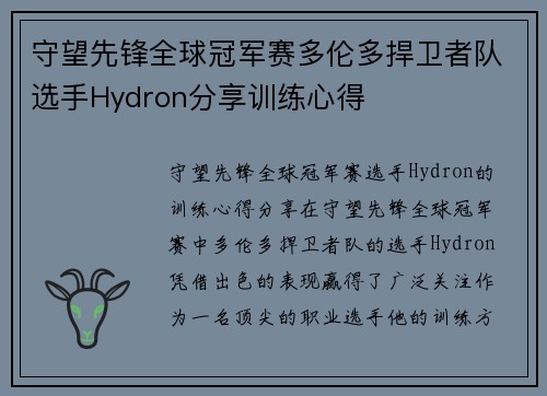 守望先锋全球冠军赛多伦多捍卫者队选手Hydron分享训练心得