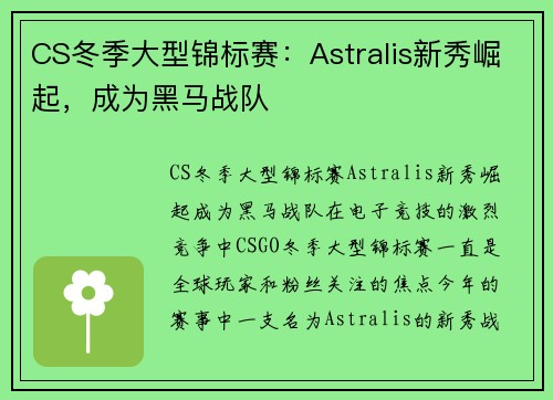CS冬季大型锦标赛：Astralis新秀崛起，成为黑马战队